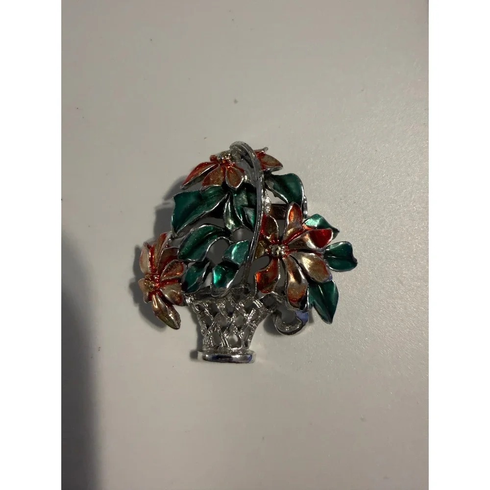 Vintage Enamel Flower Basket Brooch Silver Tone Poinsettia Floral Pin‎ Festive